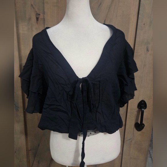 FREE PEOPLE Call Me Later Ruffle Tie Front Boho Rayon Blouse Top.Black. Size SM - Picture 14 of 16
